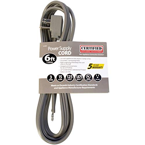 Certified Appliance Accessories 15-0346 15-Amp Appliance Power Cord, 6 Feet, 3 Wires, Grounded, Right Angle Plug Head, Gray #TOP4