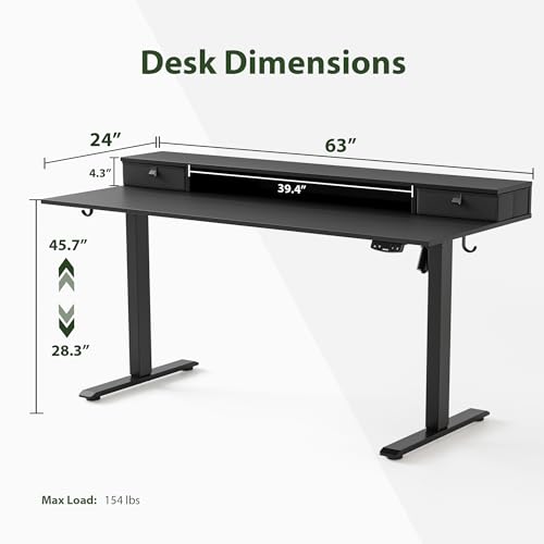 Image of Agilestic 63 x 24 Inches Electric Standing Desk with 2 Storage Drawers, Stand Up Desk Adjustable Height, Sit and Stand Computer Table with Splice Board, White