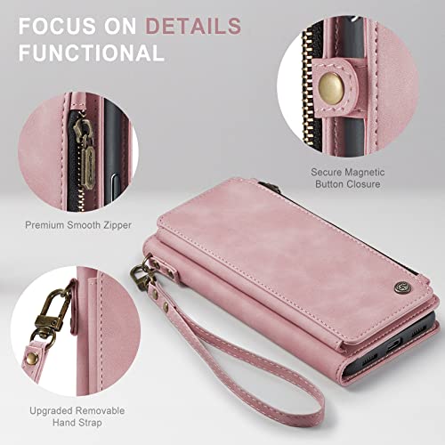 Defencase Iphone 11 Pro Max Wallet Case, Pu Leather Magnetic Flip, Wristlet Strap, Zipper Card Holder, 6.5", Rose Pink #TOP4