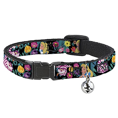 Buckle-Down Breakaway Cat Collar - Alice/Cheshire Cat/Flowers Poses Black/Multi Color - 1/2