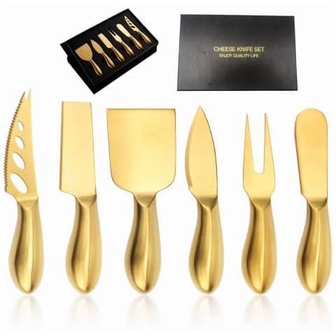 Premium 6-Piece Gold Cheese Knife Set, Stainless Steel Cheese Cutter Cheese Fork Slicer,Cheese Tool Collection, Cheese Spreaders for Christmas Gift,Wedding/Party Gift Cover