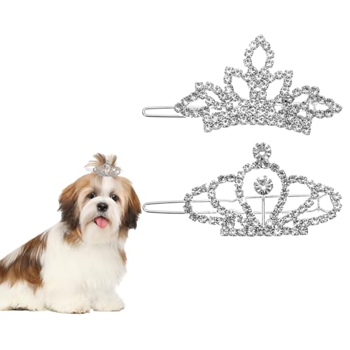 Qulkws 2 Pcs Dog Tiara Crown Hair Clips Rhinestone Hair Barrettes Pet Hair Accessories Crown Clips Dog Barrettes for Small Dogs Hair (Silver)