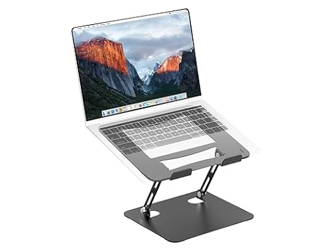 PureMounts Regulowany stojak na laptopa o regulowanej wysokości, ergonomiczny składany uchwyt do notebooka biurowego, obrotowa podstawa o 360°, antypoślizgowy uchwyt na podkładkę, czarny