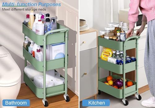 MISSLO Storage Trolley 3 Tier Rolling Cart with Wheels and Handle, Under Desk 27" Height Small Metal Utility Cart Organizer Rack Shelf, Mobile Book Cart for Office, Kitchen, Bathroom (Green) - Image 3