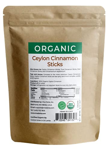 Viva Doria Organic Ceylon Cinnamon Sticks, 5'' Cut, Alba Grade, True Cinnamon, 16 Oz, | 70-75 Sticks | 100% Raw From Sri Lanka #TOP1