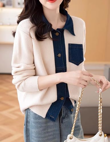 Image of Womens Sweaters Patchwork Denim Sweater Cardigan Long Sleeve Chunky Knit Cardigans Fall Cardigan