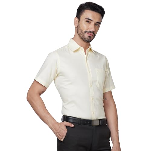 Image of Raymond Men Contemporary Fit Solid Pattern Pure Cotton Semi Cutaway Collar Half Sleeve Formal Shirt