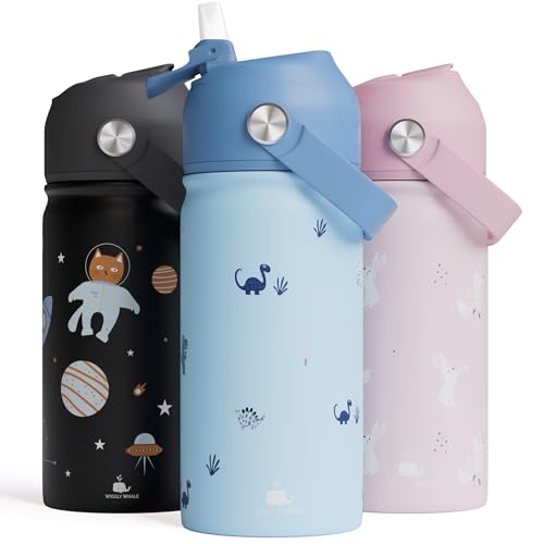 WigglyWhale Stainless Steel Kids Water Bottle 380ML BPA-Free Leakproof Insulated Double Wall for School & Toddler Use with or Without Straw Hot & Cold Liquids