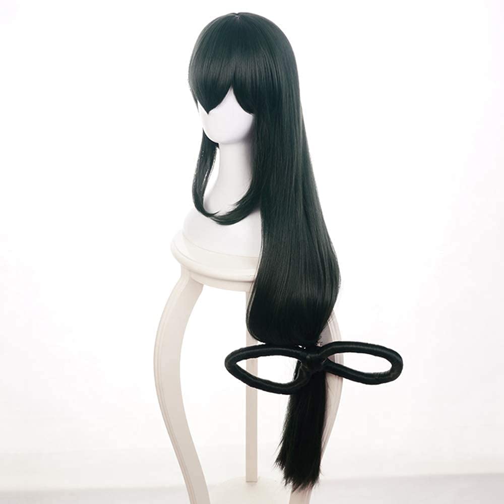 Anime Game Dark Green Wig 43In Long Straight Wig with Circular Bow Adult Women COS Froppy Wig Halloween,Christmas,Carnivals,Party