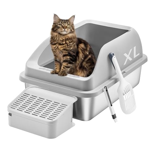 Feandrea Stainless Steel Cat Litter Box with Open Top, High Sided Litter Tray with Step, Scoop, Brush, for Cats up to 33 lb, Light Gray UPPT008GD01