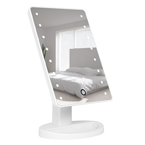 Espejo de pie con luz LED, contemporáneo, rectangular, blanco, con pilas e interruptor táctil, para maquillarse o afeitarse, para tocador o baño Cover