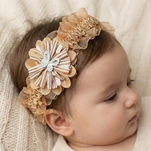 Image of Alvero Designer Floral Baby Girl Bow Headband, Soft Stretchable Satin Hairband, Elegant Lace & Satin Ribbon Hair Accessory for Newborns and Toddlers (Pack of 3 Pc) (Pastel Blue, Champagne Gold, Blush Peach)