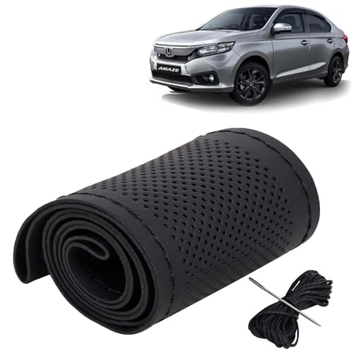 Image of KINGSWAY PU Leatherite Car Steering Cover Sewable Compatible with Honda Amaze (Year 2021-2022), Black Color with Black Thread, Pack of 1 with Sewing Needle and Thread