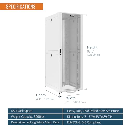 Image of Tecmojo 48U Server Rack Cabinet - PRE-Assembled 32inch Width 43inch Depth IT Network Equipment Cabinet Rack Enclosure with Casters - 3000lbs Weight Capacity, White
