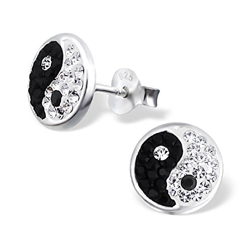 925 Sterling Silver Black White Crystal Yin Yang Ear Studs 17537