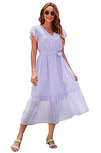 Image of VintageClothing Womens Sundress Casual Floral Summer Boho Dress | Flowy Wrap V Neck Ruffle A-Line Pleated Hem Midi Dresses