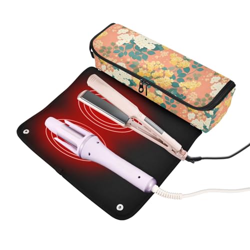 Organizador de Herramientas para Cabello 2 en 1 Yellow FLOWER y Blanco con Alfombrilla Resistente al Calor para Plancha y Rizador miniatura 2