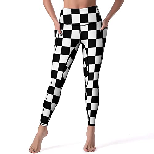 Bagea-Ka Race Checkered Flag Pattern High Waisted Leggings for Women Yoga Pants with Pocket Workout Sports Athletic