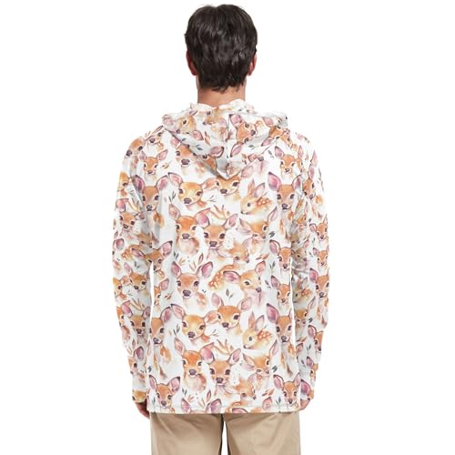 Cute Deer White Men's Sun Shirts Hoodies Long Sleeve Rash Guard Shirts Fishing Shirt UPF 50+ S3