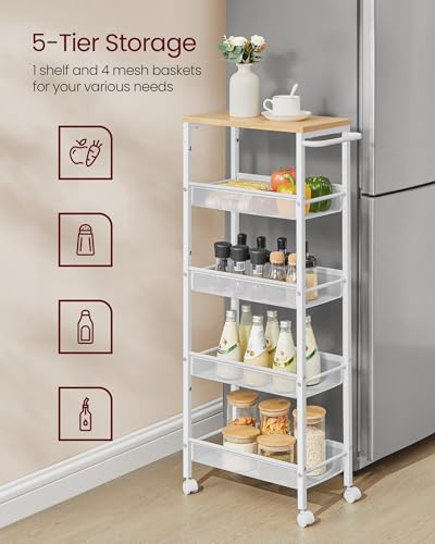 Image of VASAGLE Slim Rolling Cart, 5-Tier Storage Cart, Narrow Cart with Handle, 8.7 Inches Deep, Metal Frame, for Kitchen, Dining Room, Living Room, Home Office, Oak Beige and Classic White ULRC035W09