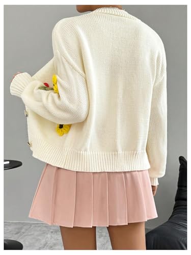 SHENHE Women's Button Down Flower Cardigan V Neck Open Front Knit Crop Cardigan Sweater2
