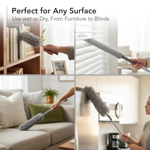 Image of OVENTE Microfiber Duster Cleaning Set with Stainless Steel Extension Pole Up to 96 inch, Washable, Reusable and Bendable Dusters for High Ceiling Fans, Blinds, Furniture, Cobweb and Cars, Grey CTD1526GY