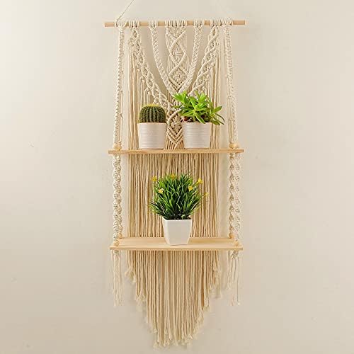 Macrame Wall Hanging Shelf - Boho Indoor Hanging Shelves for Wall - Decorative Bohemian Floating Plants Room Storage Shelving Macrame Rope Decor Organizer Rack, 2 Tier Indoor Handmade Plant Shelves
