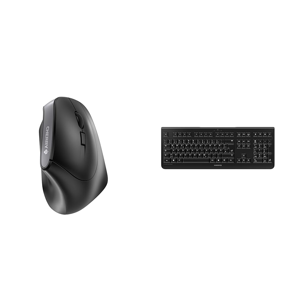 CHERRY MW 4500, kabellose Maus, ergonomische Rechtshändermaus im 45° Design & KW 3000, Kabellose Tastatur mit Nummernblock, Deutsches Layout (QWERTZ)
