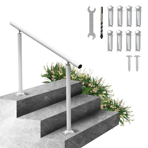 VEVOR Outdoor Steps Handrail, 2-3 Steps White Round Adjustable Aluminum Staircase Railing for Porch & Deck