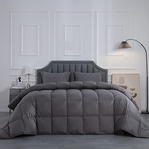 Hombys Feather And Down Comforter, Oversized King Comforter 120 X 120, Grey Extra Large Duvet Insert For All Season, 100% Cotton Cover Down Proof With Corner Tabs #TOP1
