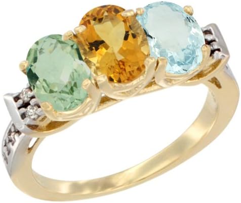 14K Yellow Gold Natural Green Amethyst, Citrine & Aquamarine Ring 3-Stone 7x5 mm Oval Diamond Accent, size 7