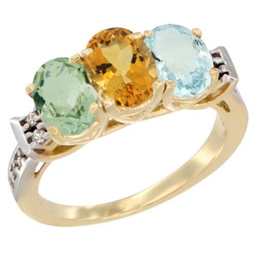14K Yellow Gold Natural Green Amethyst, Citrine & Aquamarine Ring 3-Stone 7X5 Mm Oval Diamond Accent, Size 7 #TOP3