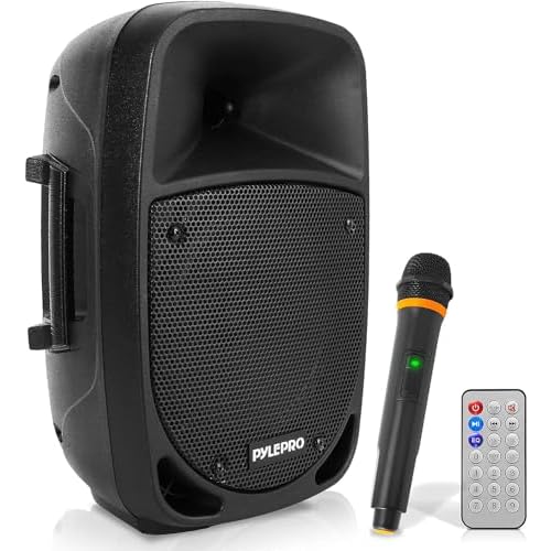 PYLE Sistema de Altavoces, PA, 800W, Bluetooth, Portatil, Recargable, Interiores, Exteriores, Subwoofer de 8”, Lector de MP3/USB/SD, Micrófono, inalambrico, Radio USB/SD, Color Negro