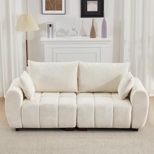 Image of 81.5 inch Chenille Love Seat Sofa, 2 Seater Modular Sectional Couch with Deep Seat, Solid Wood Legs, Cloud Couch for Bedroom, Living Room, Mid Century Modern Loveseat, Tufted Sofa, Beige