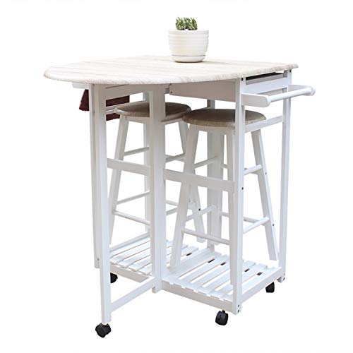 Ynredee Kitchen Cart Dining Table Set,3 Piece Table & Chair Set,Solid Wood Folding Dining Cart with 2 Stools,Kitchen Island Trolley Cart on Wheels Folding Space Saving Table (Semicircle,White) - Thumbnail 4