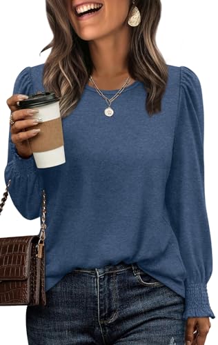 XIEERDUO Long Sleeve Tops Women Sweatshirt for Women Crew Neck Ladies Blouses Fall Outfits Puff Sleeve Tunic Tops Size 6-8 Navy Blue