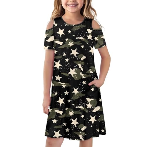 Girl's Cold Shoulder Dress Short Sleeve Crewneck A-Line Swing Skater Dress Summer Casual Sundress with Pockets