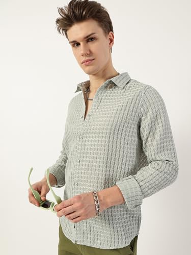 Image of Thomas Scott Men's | Solid | Textured Fabric | Full Sleeve | Slim Fit | Polyester-Blend | Spread Collar | Casual Shirt