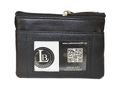 Leatherboss Coin purse with outside ID and 2 zipper pockets (Black)