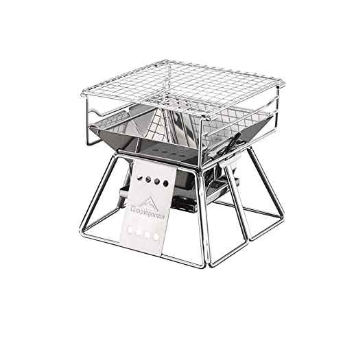 camping moon Portable Fire Pit Campfire Grill,Folding Stainless Steel BBQ Grill for Outdoor Camp Travel Garden Cooking Picnic 1-2 People with Carrying Bag