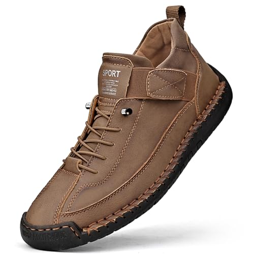 Image of Men'S Hand Stitching Leather Chukka Ankle Boots with Adjustable Elastic Band Casual Slip-On Non-Slip Walking Loafers Retro High Top Flat Shoes