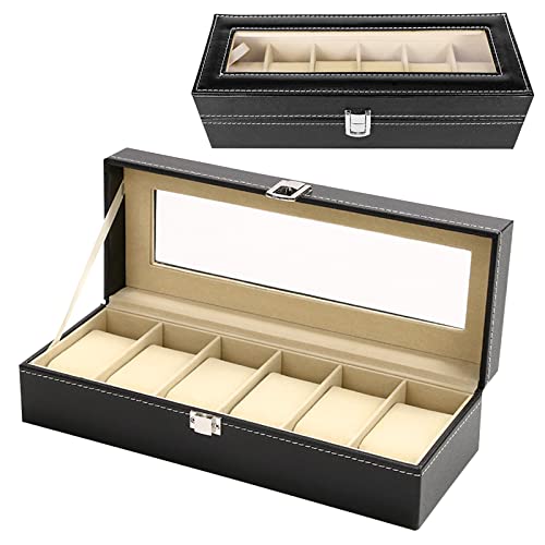 HyAdierTech Scatola per Orologi con 6 Slot, Display Orologi con Coperchio in Vetro, Scatola Orologi con Coperchio, Deposito per Orologi in Pelle PU, Rivestimento in Velluto Nero Regalo per Uomo