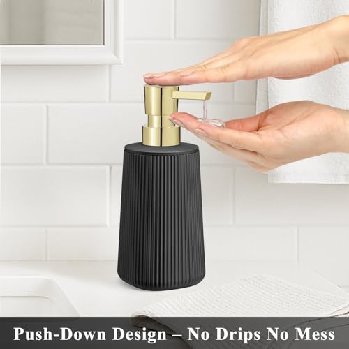 Image of Black and Gold 2 Pack Hand Soap Dispensers Set with No Rust Pump for Bathroom and Kitchen Countertops Refillable Matte Striped Plastic 8.5 oz