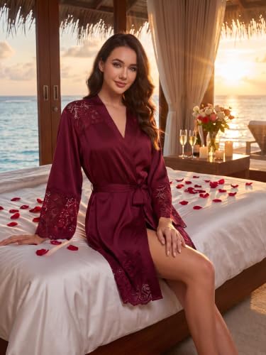 Anetyflying Women Slik Robes Lace Trim Stain Kimono Bathrobe for Bridesmaid - image 5