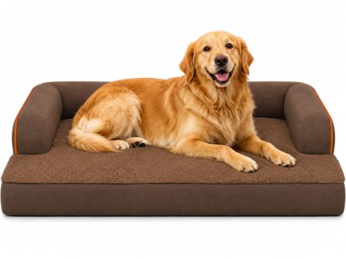 Image of Cutepups Orthopedic Dog Bed Medium, Dog Bed with Waterproof Liner, Washable Removable Cover, Non-Slip Bottom, Pet Sofa Bed for Medium Dogs,Brown /Orange Pipingr