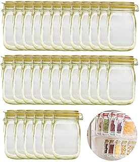30PCS Mason Jar Bottles Bags Reusable Spice Storage Bags Snack Saver Container Airtight Seal Food Storage Bags Leak-Proof Zip-Lock Bags for Travel Camping Picnic (Yellow, S)