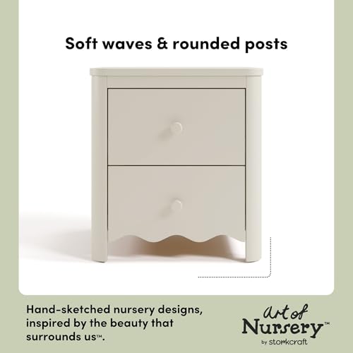 Storkcraft Casablanca 2 Drawer Nightstand (Frosted Oat) - GREENGUARD Gold Certified, Storage for Kids Bedroom, Premium Wood Nightstand with Elegant, Iconic Wave Detailing and Rounded Posts by Storkcraft - Image 5