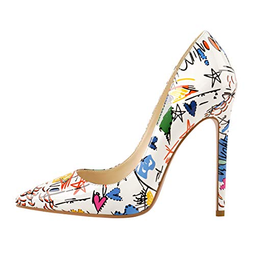 Image of Richealnana Women's Classic High Heels Slip On Pointed Toe Pumps Sexy Slim Heels Party Dress Working Shoes Faux Patent Leather Graffiti Size 9