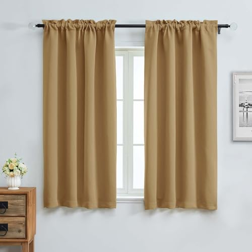 Image of Aiyufeng Gold Blackout Curtains for Bedroom 63 Inch Length 2 Panels Set, Solid Thermal Insulated Energy Saving Rod Pocket Window Treatment Curtains Blackout Drapes, W40 x L63 Inch, Gold