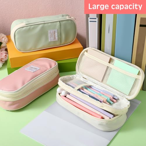 Image of Lincia 3 Pcs Large Capacity Pencil Case Back to School Gifts Big Pencil Pouch 3 Compartment Stationery Pen Bag for Teen Boys Girls Men Women(Beige, Pink, Green)